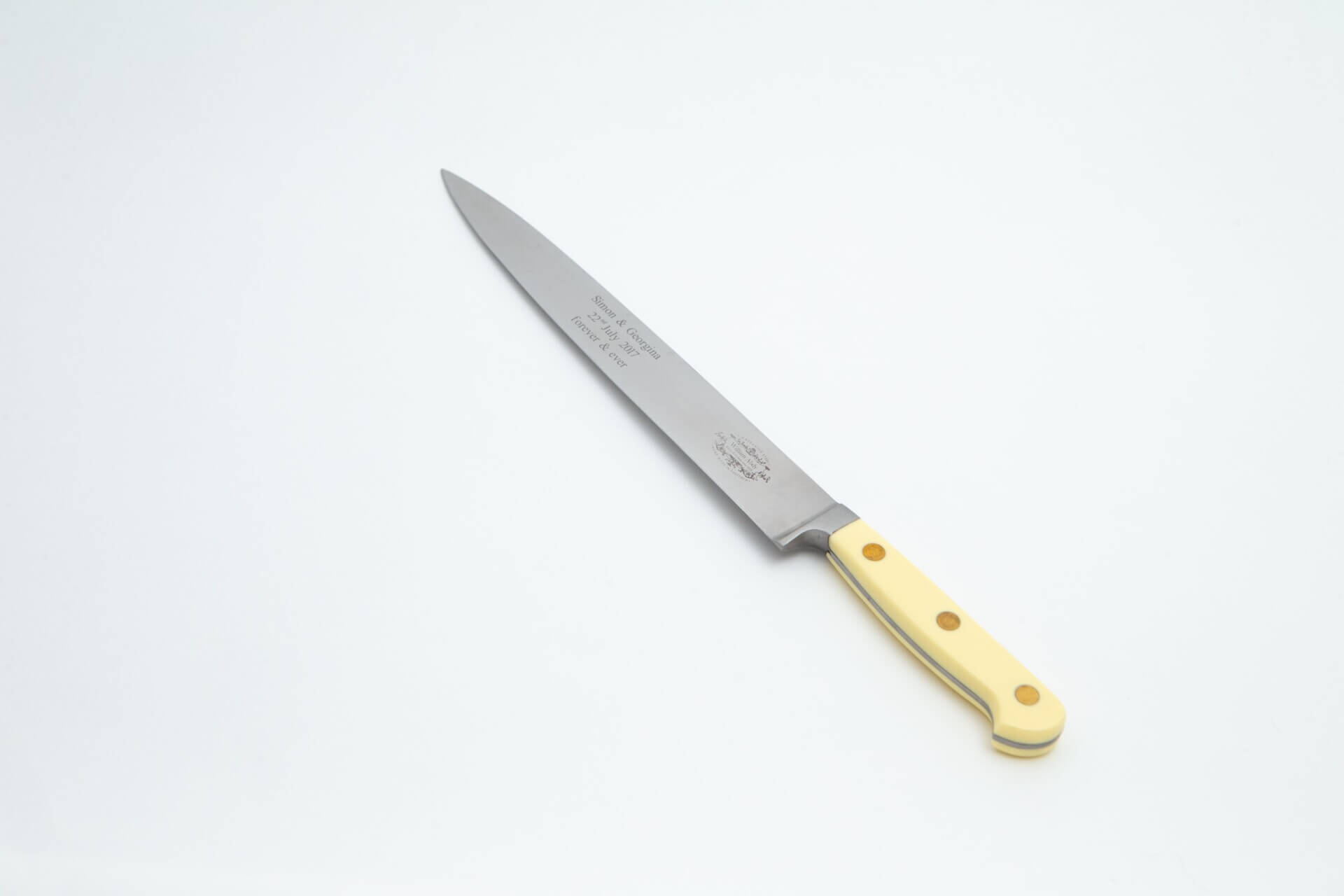 wedding cake knife by William Abdy, Hand Made in Sheffield by Craftsmen, Ivory scales and brass rivets